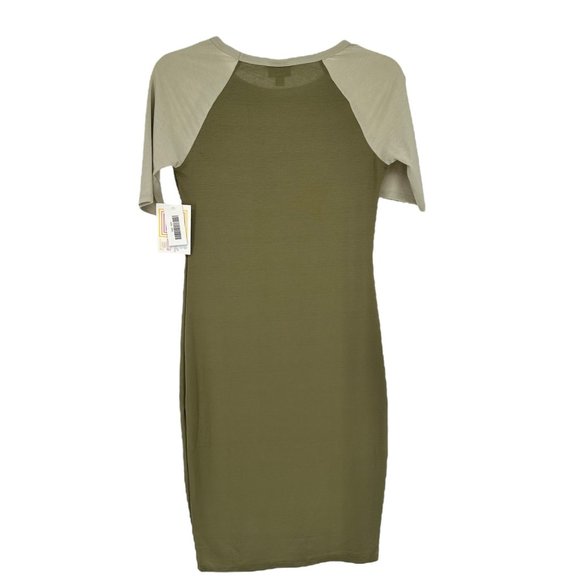 LuLaRoe Retired Julia Dress XXS Olive Green Beige Raglan SS Form Fit NWT - Picture 2 of 9
